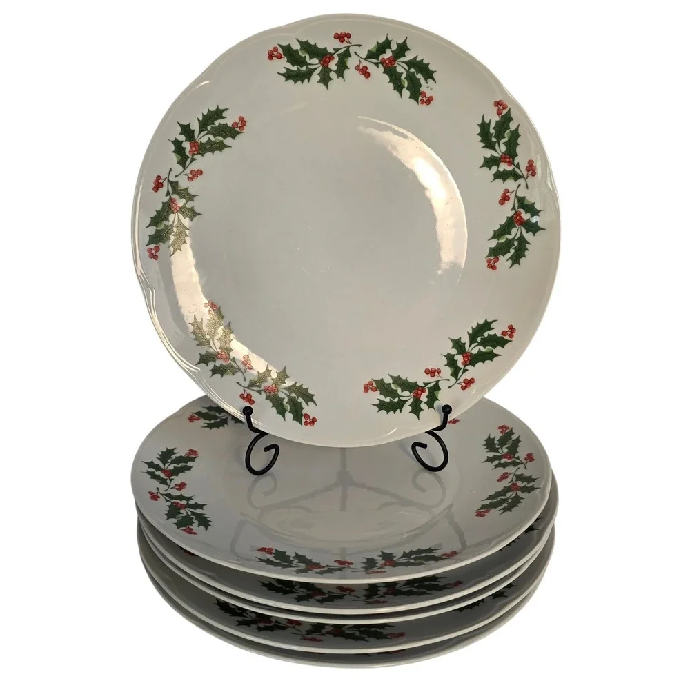 VTG Apulum Christmas Holiday Pattern Holly & Berries Porcelain Dinner Plates (6)